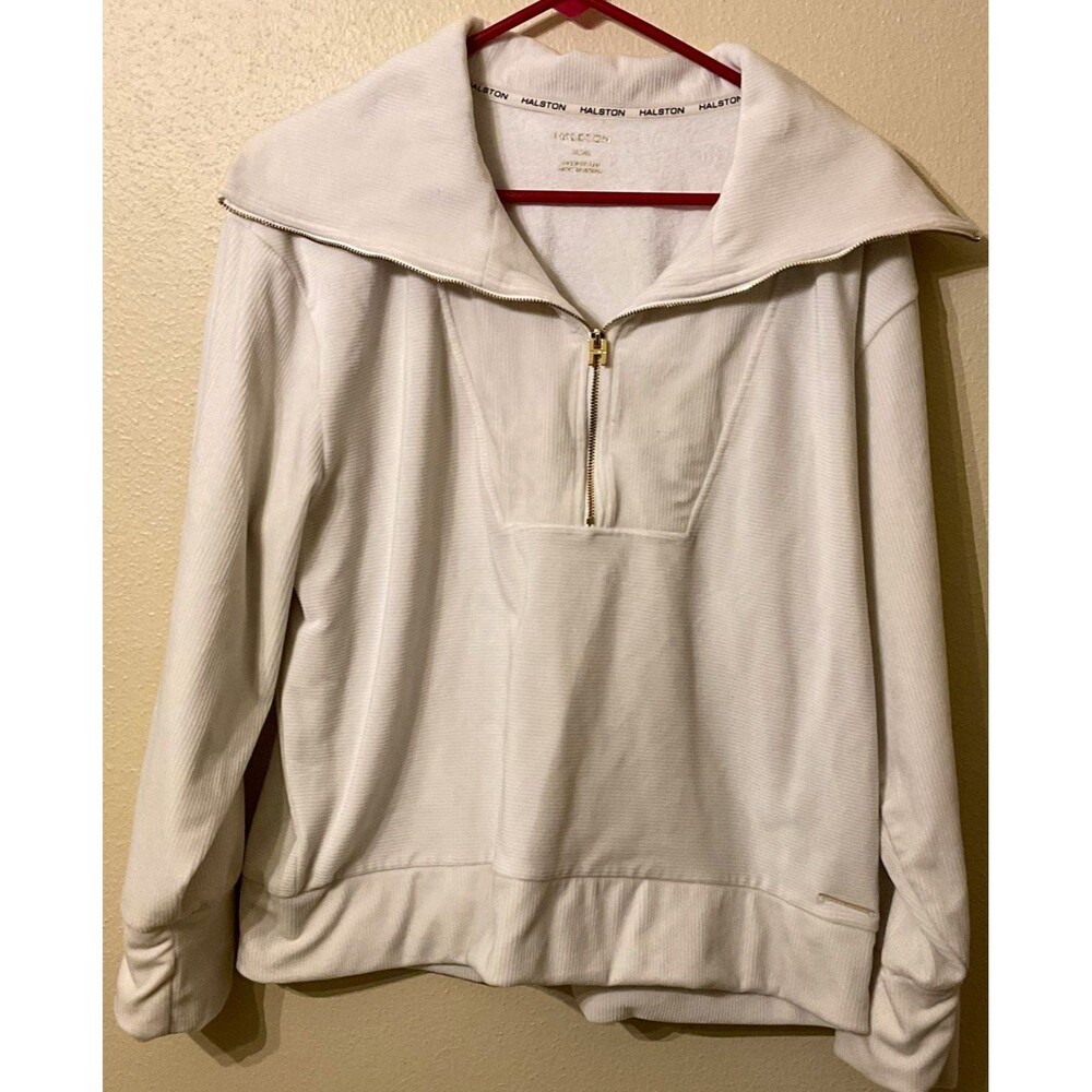 Halston Women’s Ribbed Velour Quarter-Zip Pullover Sweatshirt White Cream XL
